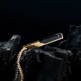 Holzkern Herren-Kette Edelstahl Campania Schwarzer Marmor/Damast Goldfarben